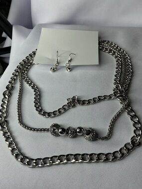 Layered Silver Tone Chain Necklace & Rhinestone Drop Earrings Set